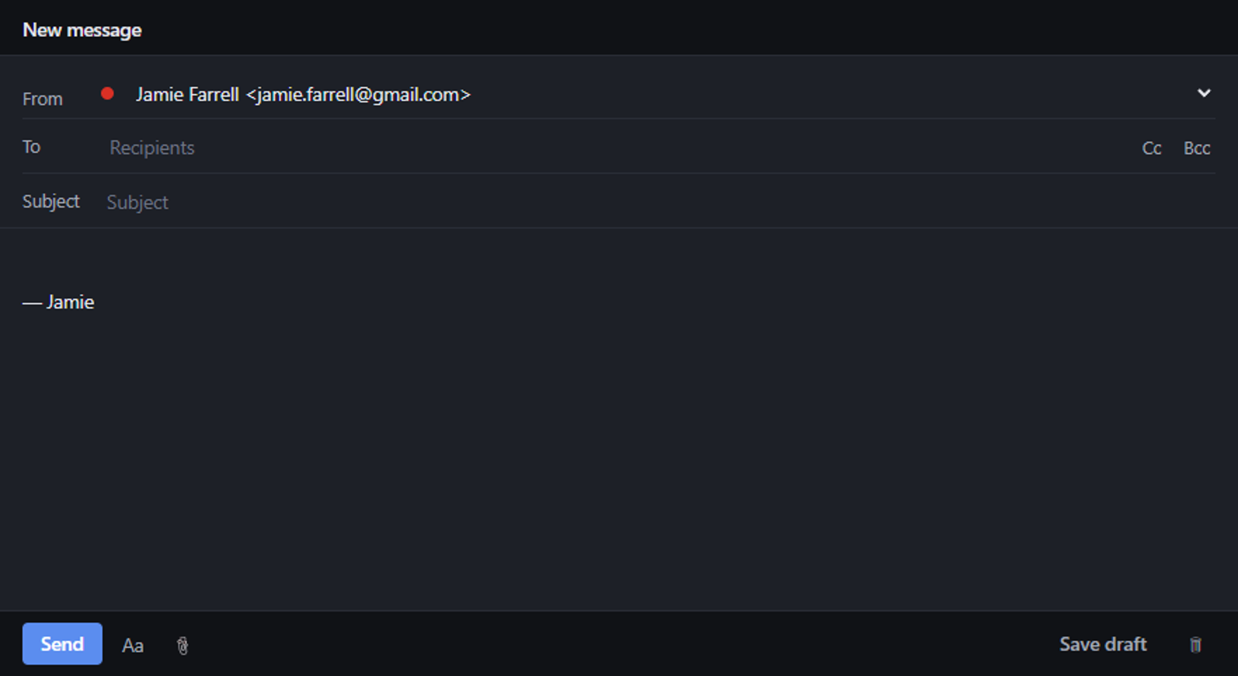 The Estuary compose window: a From account picker, a recipient chip, a subject line, and a rich-text body with a Send button.